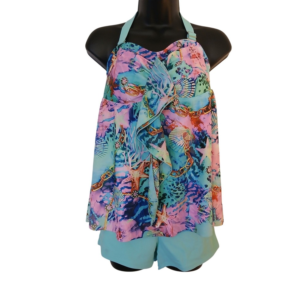 Tropical Sea Life Tankini Set Pink Blue Shells Starfish Large L